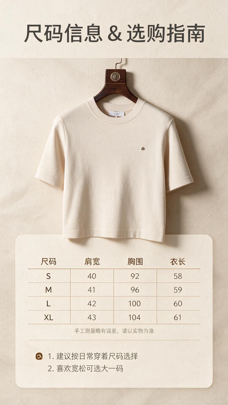 [商品] 使用【图1】米杏色圆领针织短袖T恤；商品处理：保留圆… - 图片创意预览