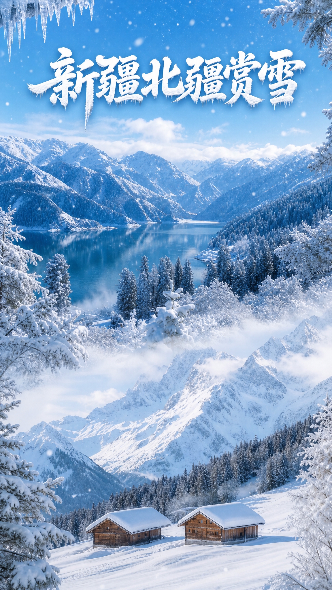 将两张北疆雪景图上下拼接融合成一张竖版海报，上图为雪山湖泊天池… - 图片创意预览