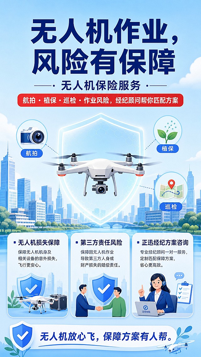 9:16竖版扁平渐变插画海报，浅蓝天空背景，中心是一架简约无人机正在城市上空作业，无人机外围有淡蓝色柔光盾牌保护，旁边有航拍镜头、植保叶片、巡检路线图标，底部三个圆角卖点卡片，画面上方预留大标题区域，中间有红色圆角短条，整体扁平治愈，色彩清爽，大面积留白，无水印。版式结构：顶部大标题区+红色圆角短句条+中心视觉插画+底部三项卖点区。字体使用思源黑体。画面中必须完整呈现以下文字信息：主标题"无人机作业，风险有保障"，副标题"无人机保险服务"，红色短句条"航拍・植保・巡检・作业风险，经纪顾问帮你匹配方案"，底部三项卖点"▪ 无人机损失保障""▪ 第三方责任风险""▪ 正迅经纪方案咨询"，收尾文案"无人机放心飞，保障方案有人帮。"。文字排版精美，主标题醒目，红色短句条为红色圆角矩形背景配白色文字，卖点标签与底部图标卡片结合。画面中所有信息区域必须填充完整合理内容，不得出现空白框或占位区域。