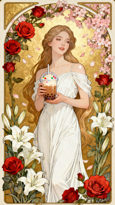 女神手里拿着奶茶站在画面中间，繁花环绕着预览效果