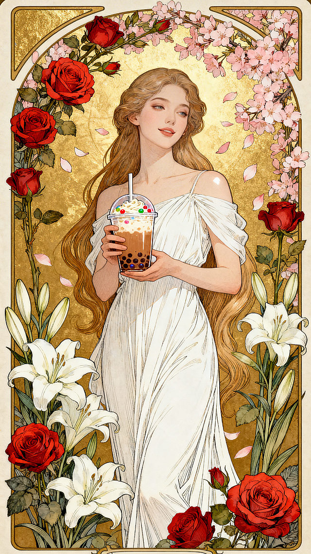 女神手里拿着奶茶站在画面中间，繁花环绕着