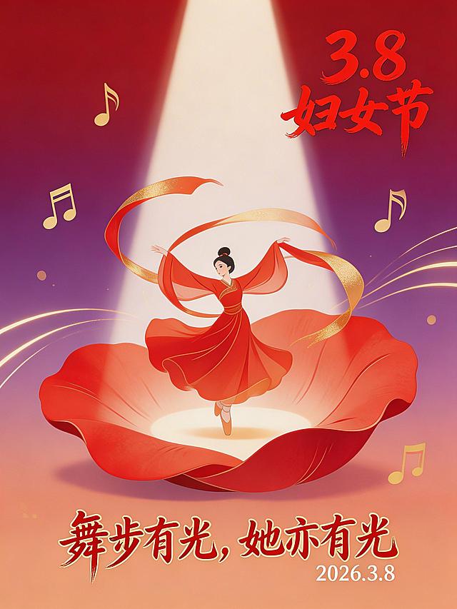 国潮扁平插画风格，一位女舞者身着舞衣旋转，站在一朵红色玫瑰花瓣上，花瓣中是舞台聚光灯与飘带，背景是深红与暖紫的渐变，点缀音符与光影线条，整体灵动热烈。右上角有红色书法字体文字“3.8 妇女节”，底部有带金色描边的红色艺术手写字体文字“舞步有光，她亦有光”，旁边有小号白色无衬线字体文字“2026.3.8”