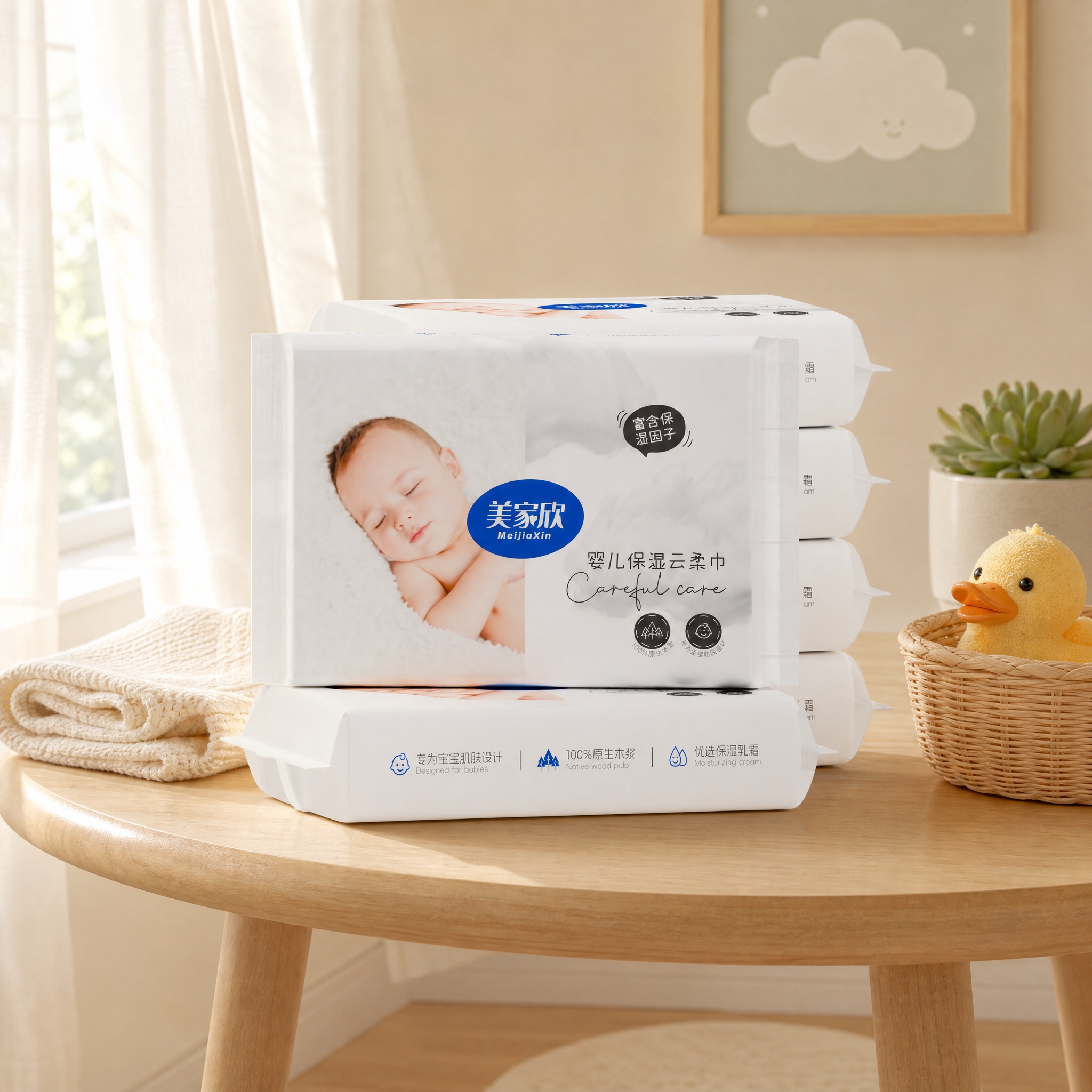 为图中的婴儿保湿云柔巾产品更换温馨母婴房场景背景，产品尺寸、大… - 图片创意预览