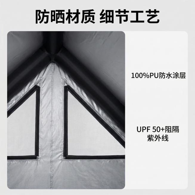 [主图 3] 黑色充气帐篷材质细节特写主图
[氛围风格] 质感突出，专业细节展示，清晰干净。
[画面元素] 商业摄影质感、光线柔和通透、产品清晰真实、画面干净高级。特写放大展示帐篷内侧银胶防晒涂层和充预览效果