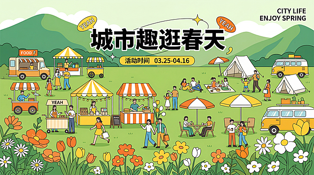 设计一张「城市趣逛春天」主题的春日市集活动主视觉横版海报，传递 “CITY LIFE ENJOY SPRING” 的松弛治愈春日生活氛围，标注活动时间 “Activity Time 03.25-04.16”；场景设定为户外城市公园郊野草地，前景环绕雏菊、郁金香等各类春日花草绿植，中景布置多组市集摊位（黄白 / 橙白条纹遮阳棚摊位、移动餐车、手推摊位）、白色露营帐篷、橙白 / 黄白遮阳伞、野餐桌椅、复古黄色房车，画面分布多组扁平化卡通人物，呈现逛市集、野餐、社交、购物的欢乐松弛状态，背景为层叠的绿色山林，营造晴朗明媚的春日氛围；风格为扁平化矢量插画，融合孟菲斯风格活泼几何元素，现代简约商业海报设计，线条干净利落，人物造型可爱生动，卡通感十足；色调采用明亮清新的春日马卡龙色系，以鲜绿色草地、暖黄 / 暖橙摊位、白色帐篷为主色，搭配橙、黄、白、蓝等撞色，前景花草用暖橙、明黄、纯白点缀，整体明快活力、充满春日生机，色彩和谐饱满；构图为横向宽幅全景平视视角，画面饱满层次分明，视觉中心突出主题文字，元素分布均衡，前景花草做层次、中景市集人物、背景山林，空间感强，适合活动主视觉；细节补充：添加主题艺术字"城市趣逛春天"、"YEAH" 装饰标、右上角"CITY LIFE ENJOY SPRING"文字，丰富摊位串灯、商品、摊主细节，人物穿搭与动作细节，花草绿植细节，保留商业海报设计感，8K 高清，印刷级画质，整体氛围欢乐松弛、充满春日烟火气。