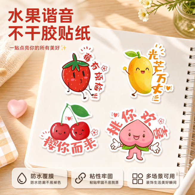 [主图-1] 水果谐音创意不干胶贴纸产品首图。四款可爱水果谐音贴纸整齐展示：莓有烦恼草莓、光芒万丈芒果、樱你而来樱桃、桃你欢心水蜜桃。保持贴纸原卡通可爱风格和配色不变，自然融入温馨治愈的ins风桌面场预览效果