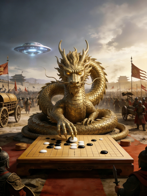 修改原图片，把原本凶狠的金龙改成气质高人厚重、高深莫测的感觉，神态更沉稳从容，保持金龙下围棋、古战场背景和飞碟元素的整体构图不变预览效果