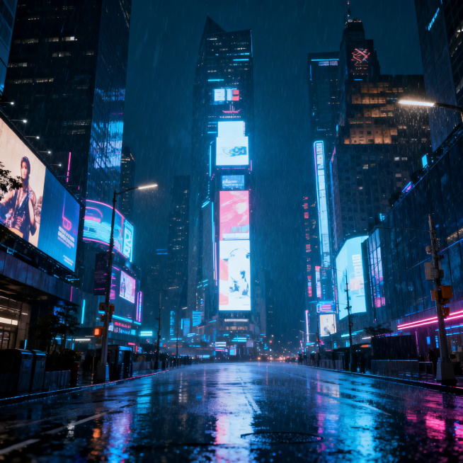 未来都市夜景，赛博朋克风格，霓虹灯光，雨天，湿滑街道，高楼大厦，巨大广告牌，冷色调，科幻氛围，电影级光影，8K画质预览效果