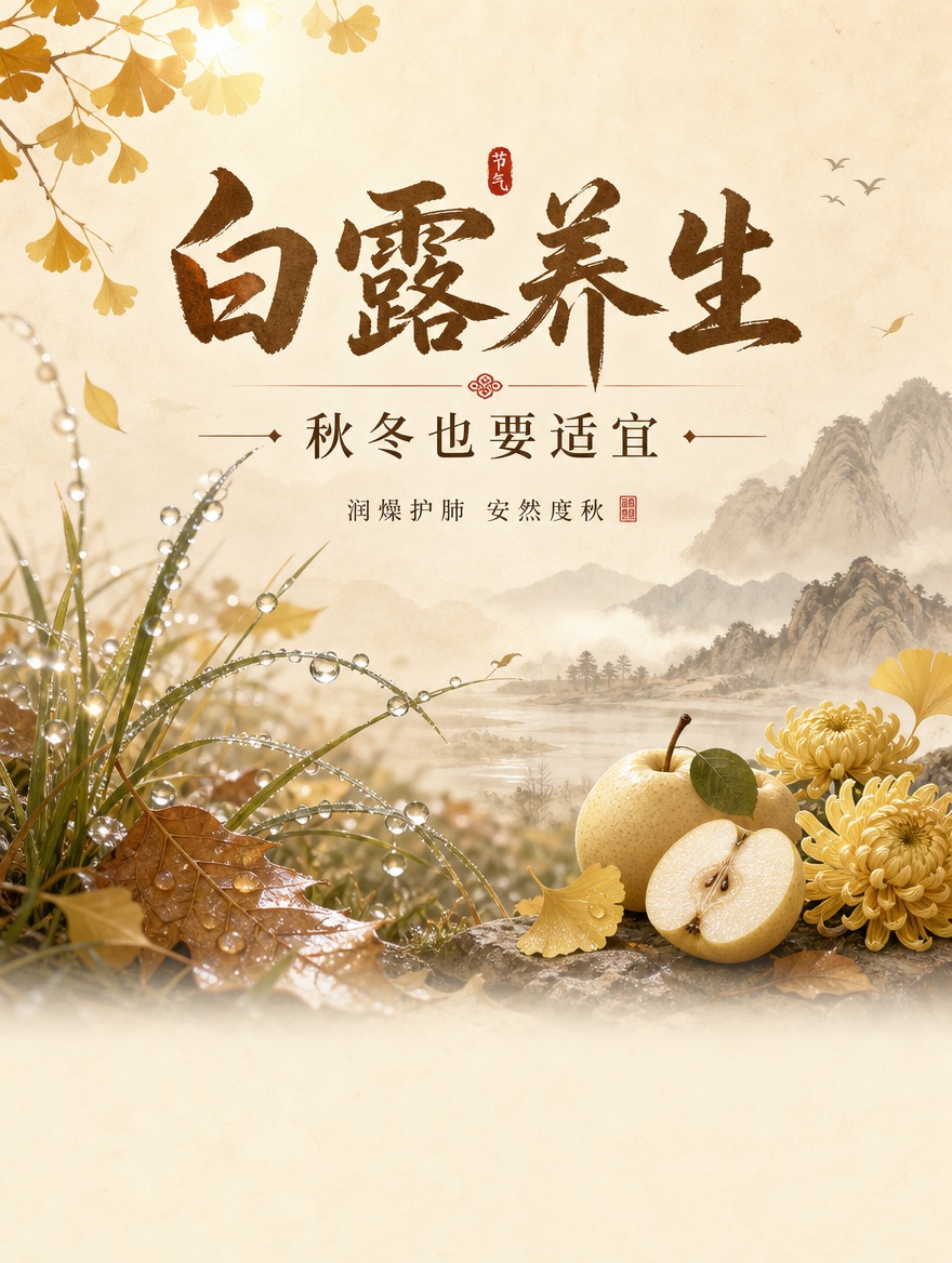 [画面] 白露养生长图封面页，竖版长图，居中对称构图，上方主视… - 图片创意预览