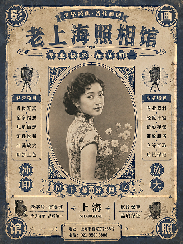 参考图里的老上海复古民国照相馆海报风格，生成第六张不同设计的复古照相馆海报，做旧泛黄纸张，使用蓝白复古配色，排版对称，包含照相馆项目文案和老式相机元素