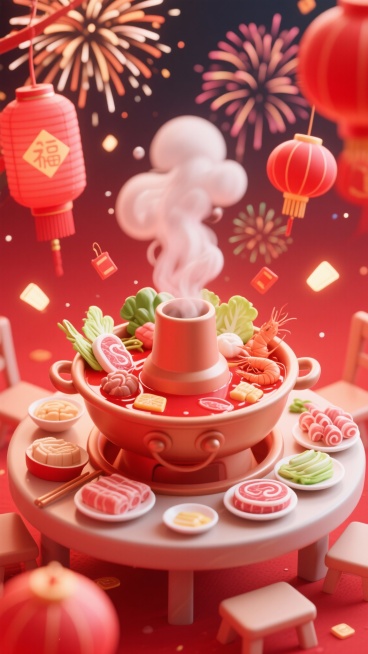 红色的立体海报，火锅场景，氛围感预览效果