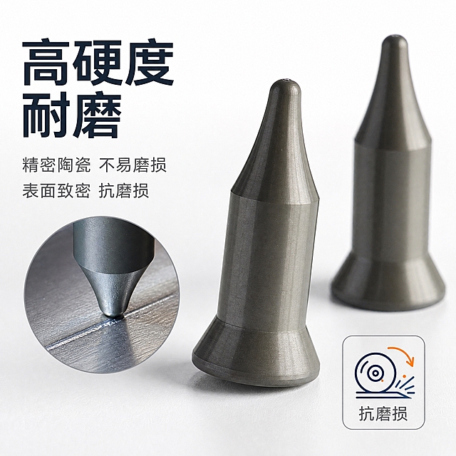 [主图-2] 第二张主图任务：证明"高硬度 耐磨"卖点，用微距特写加硬度耐磨实测场景作为证据，不写具体数值。
[统一基调] 整体为淘宝/天猫工业精密科技风主图：背景以纯净白色为主、辅以极浅灰渐变地面，主体居中；主标题使用现代无衬线粗黑体深炭蓝色，辅助说明使用灰色细黑体，强调色为科技蓝与浅橙双色标签；细线图标卡片、无厚重色块、无边框，版式清爽留白，突出精密陶瓷工业质感。
[画面] 以用户提供的枪灰色氮化硅陶瓷定位销实拍图为基准，主体采用两支定位销错落斜排，主产品位于画面右侧放大并轻微倾斜，完整保留圆柱基座、直筒段、圆钝锥尖结构；画面左侧设置一个局部放大圆窗，展示定位销尖端在金属板表面划出细痕的耐磨演示，右下角放一个细线图标卡片，用砂轮和磨损箭头示意抗磨损。
[光影质感] 硬朗的侧逆光突出陶瓷硬质表面的反光与划痕细节，金属板划痕清晰可见，阴影扎实，产品边缘干净无白底残留。
[配色] 白色背景加极浅灰地面，主标题深炭蓝，强调标签科技蓝，辅助文字中灰，小窗边框细线灰色。
[文字版式] 画面左侧竖排主标题"高硬度 耐磨"粗黑体大字，下方两行小字"精密陶瓷 不易磨损""表面致密 抗磨损"，图标卡片旁配短标签"抗磨损"；全部文字横排清晰，不遮挡产品主体。
[输出要求] 1:1 方形构图，产品与划痕细节清晰、文字无错别字；负向：变形、错字、模糊、杂乱、水印、平台Logo、多余手指。