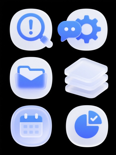 一组9个具有统一2.5D毛玻璃拟态风格的UI图标，每个图标拥有独特造型，包括放大镜、感叹号警告、对话气泡、齿轮、信封、带加号文件夹、堆叠文件夹、带对勾日历和饼图。图标采用由白渐变蓝色为主色调，搭配白色预览效果