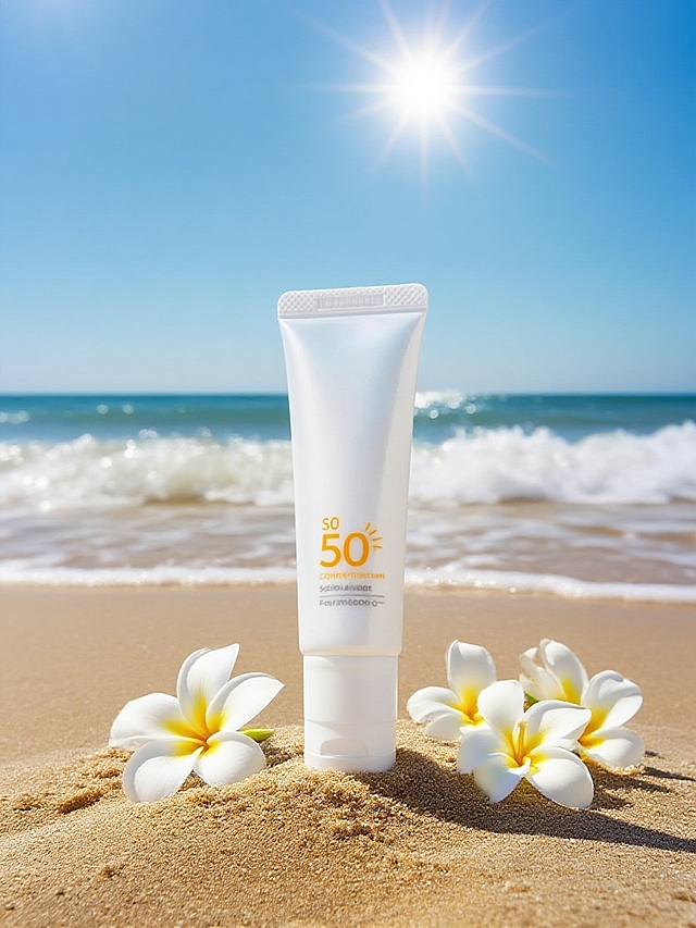 产品放在沙子上，旁边散落白色花朵，背后是海浪、烈日暴晒，海浪非常逼近产品