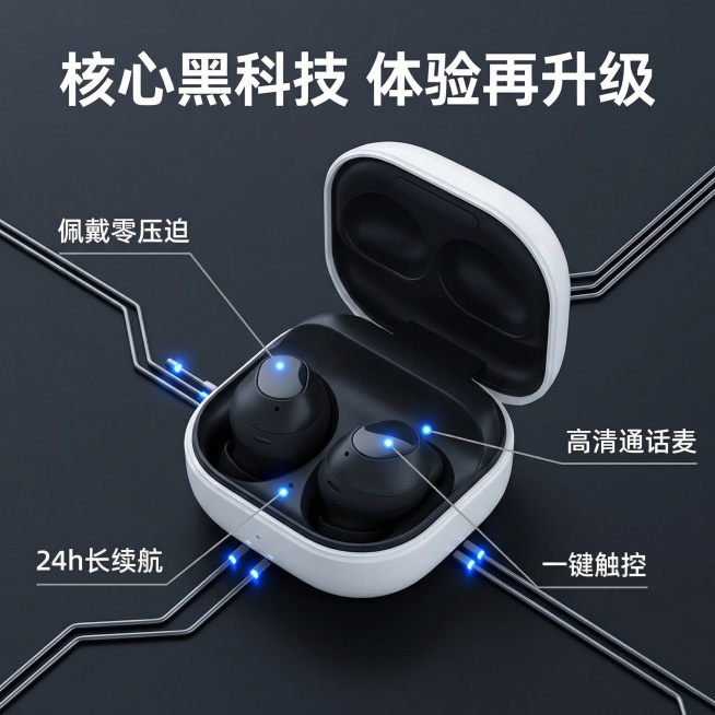 [主图2：核心卖点] 夹耳式无线蓝牙耳机卖点主图，科技工业风，冷硬光高对比，产品居中，用极细银灰色科技感引线搭配定位光点分别连接耳机主体、充电仓触点、按键部位，对应卖点标注：“佩戴零压迫”、“24h长预览效果