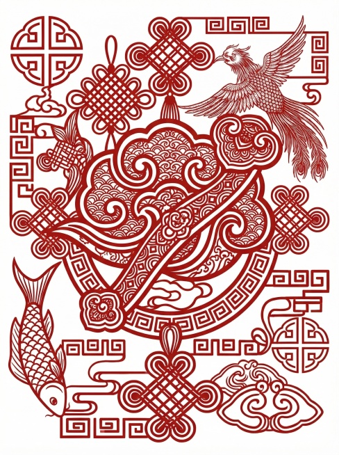 选取祥云如意作为主元素，搭配传统喜文化纹样（如中国结、回纹）作为辅助，设计一幅构图饱满的中国传统剪纸海报，颜色统一为红色纹样白色背景，传统剪纸风格，保留镂空质感，喜庆国风喜文化主题预览效果