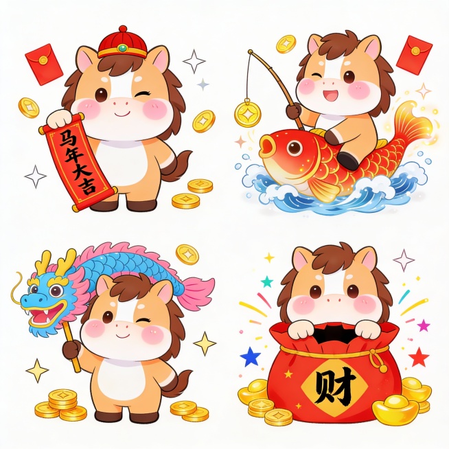 核心元素：卡通 Q 版小马形象（棕白相间毛发 + 圆萌脸型 + 粉色腮红，头戴红色中式小帽），搭配新年吉祥元素。
人物与动作：
小马手持 “马年大吉” 卷轴，周围环绕红包、金元宝，表情眯眼笑；
小马骑预览效果