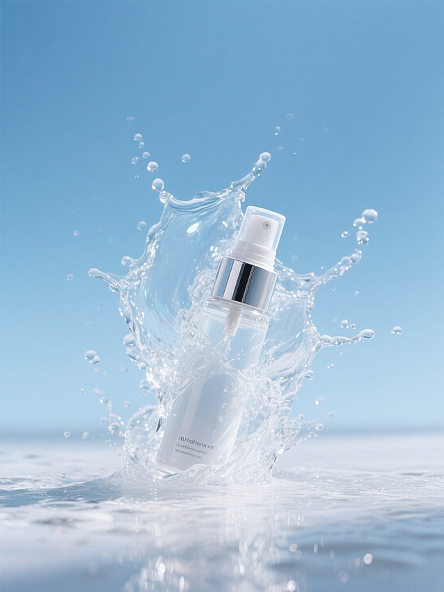 一支补水喷雾的特写，被包裹在一股泼溅的水中（从地面泼溅而起，激起水花，水花晶莹剔透，折射着光线），背景是蓝天