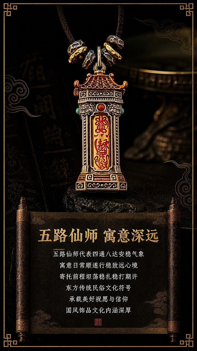 淘宝天猫详情页，9:16竖版，深色中式场景风格，深黑色背景，金色线条装饰边框，古卷展开效果。画面上半部分为五路财神符吊坠正面特写，符柱上的符文清晰可见，暖光打在符文上形成金色反光。下半部分文字区域，金色大标题："五路仙师 寓意深远"，下方六行白色小字："五路仙师代表四通八达安稳气象 寓意日常顺遂行稳致远心境 寄托前程坦荡稳扎稳打期许 东方传统民俗文化符号 承载美好祝愿与信仰 国风饰品文化内涵深厚"。整体深色中式高级感，古朴典雅，不出现包装盒和送礼元素。