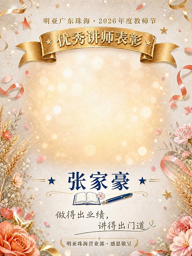 基于参考图的版式和所有装饰元素完全不变，仅替换姓名和Slogan文字。姓名改为"张家豪"，深海蓝衬线字体，两侧保留蓝色星星装饰。Slogan改为"做得出业绩，讲得出门道"，手写体风格，暖灰色。顶部文字"明亚广东珠海·2026年度教师节"、金色飘带"优秀讲师表彰"、底部落款"明亚珠海营业部·感恩敬呈"、书本钢笔图标、所有装饰元素（金色飘带、星星、花瓣、麦穗、丝带、花朵、光斑光点）全部与参考图保持完全一致。仅替换姓名和Slogan文字内容，版式布局、色彩、装饰完全不变。画面中所有文字必须清晰可读，精确渲染。