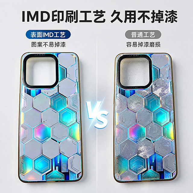 [主图-3] 镭射六边形手机壳工艺与防刮特性展示。
[氛围风格] 理性科技对比展示风格
[画质] 商业摄影质感，对比清晰，细节真实
[元素] 左右双栏对比版式，左侧展示本手机壳采用IMD印刷工艺后的图案完整如新，右侧展示普通工艺使用后的掉漆磨损，保持本产品外观与原图一致。整体排版构图饱满，信息层级清晰
[光影] 均匀布光，对比清晰，工艺差异一目了然
[配色] 保持产品原有镭射色彩，背景浅灰统一，对比区域自然区分
[文字版式] 顶部主文案"IMD印刷工艺 久用不掉漆"，大字加粗；下方双栏标注，左侧「表面IMD工艺 图案不易掉漆」，右侧「普通工艺 容易掉漆磨损」，文字清晰，对比明确
[比例分辨率] 1:1比例，4K分辨率，文字清晰锐利，画面超高清
[负向提示词] 变形，水印，文字错乱，对比不清晰，产品变形