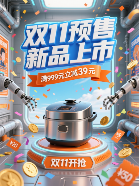 特写主体是放置在带有霓虹光效平台上的智能品牌电饭锅，场景设定在充满科技感的机械空间，两边有浅灰色金属机械臂、管道等元素，背景可见蓝天，赛博朋克与电商促销海报结合的风格，科技感与促销氛围兼具，色调以橙、预览效果