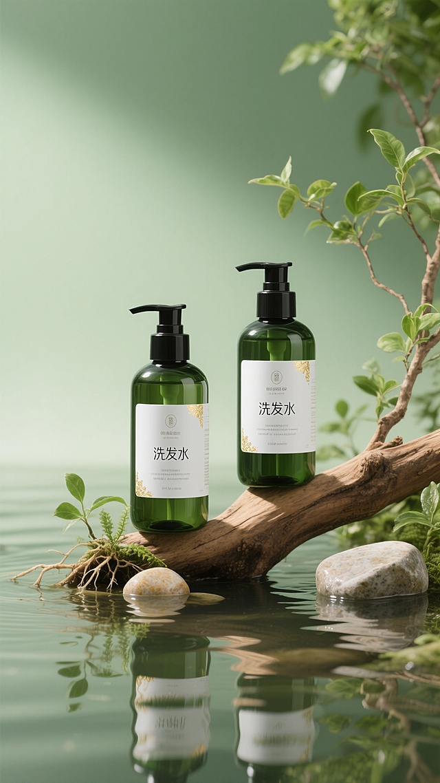 洗发水海报设计，两瓶深绿色透明液体洗发水瓶，搭配黑色按压泵头和白色标签，标签上有黑色文字与金色装饰细节，瓶身优雅放置于浅棕色木质树枝上。树枝下方是清澈湿润的水面，点缀着光滑石头，周围环绕着鲜活的绿色植物枝叶与根茎。整体采用清新自然的绿色调，柔和的侧光照明营造出宁静、有机、纯净的氛围，背景为渐变浅绿色。画面视觉层次清晰，以产品为绝对主体，光影效果细腻，水面呈现清晰的瓶身倒影，整体质感写实，设计简约自然，传达出天然植物萃取的产品特性。