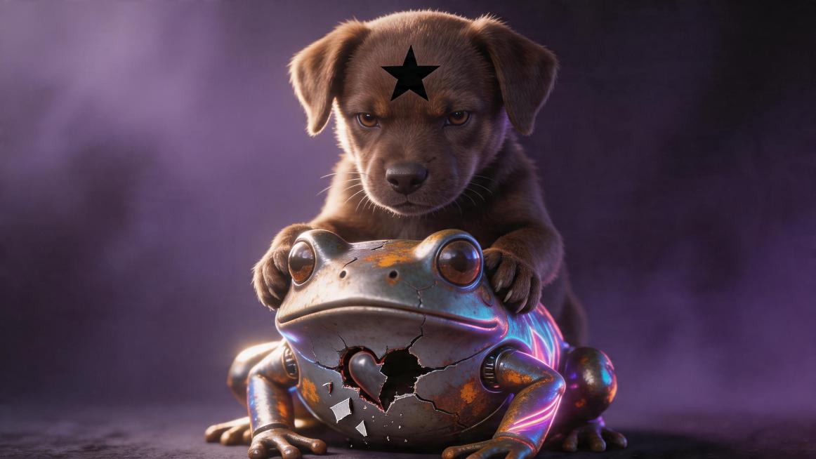 面部带有醒目黑色五角星印记的深棕毛发小狗，神情冷峻地用前爪牢牢控制着一只参考了参考图像心碎青蛙外形的机械青蛙，青蛙通体布满裂痕、心脏部位彻底破碎，外壳呈现金属锈蚀与流光溢彩交织的质感，背景为暗紫色渐变预览效果