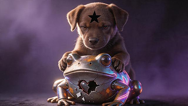 面部带有醒目黑色五角星印记的深棕毛发小狗，神情冷峻地用前爪牢牢控制着一只参考了参考图像心碎青蛙外形的机械青蛙，青蛙通体布满裂痕、心脏部位彻底破碎，外壳呈现金属锈蚀与流光溢彩交织的质感，背景为暗紫色渐变迷雾，侧逆光勾勒出清晰轮廓光，高对比度光影，超写实细节，8K 超清画质，微距特写构图，科幻暗黑风格，画面极具张力与叙事感