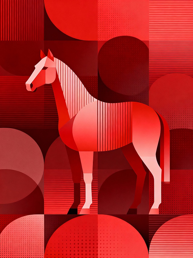 扁平矢量风格，现代几何风格海报：主体内容为以红色渐变几何图形构成的抽象马图形（线条肌理，细线条沿马身轮廓纵向排布，构成感，抽象马） ，骏马呈静态伫立；背景设定为红渐变几何背景（由不同深浅的红色半圆、圆形块面组合而成层层叠叠，错落排列，带点阵肌理，或带线条肌理）；风格参考是现代几何渐变 ，骏马居中分布