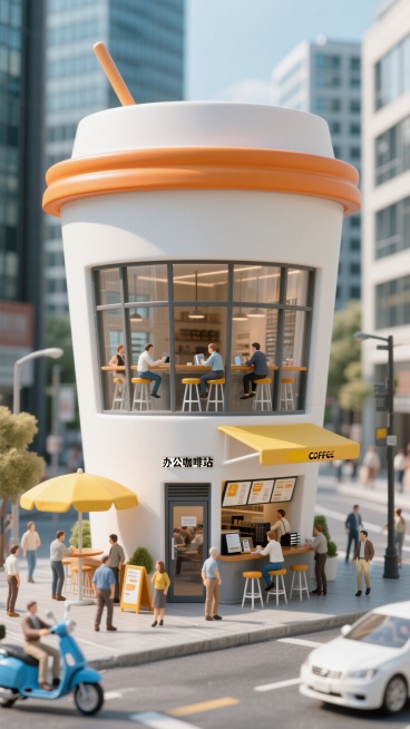3D 渲染，微缩风格，主体为巨大的咖啡纸杯造型建筑，纯白杯身搭配橙色，顶部插有一支简约风搅拌棒。建筑为两层结构，一层为自动门入口，门前设有黄色遮阳伞和便捷点单区，顾客来往不息；二层设有全落地玻璃窗和现预览效果