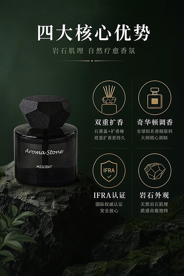 [第2张] 核心卖点页-叙岩系列晶岩季无火香薰四大核心卖点展示。本张使用【图2】黑色石膏盖香薰作为商品主体。
[氛围/风格] 高级质感信息图风，深色调+金色点缀，商业摄影质感，简约大气。
[元素布局] 黑色石膏盖香薰瓶置于画面左侧中部，占比约35%；右侧为四大核心卖点图标区，分两行两列排列；背景为深墨绿色渐变，底部有岩石纹理暗纹；确保香薰瓶黑色瓶身、黑色岩石肌理石膏盖与输入图一致。
[光影质感] 左侧主光打亮产品，右侧信息区柔和均匀光，瓶身玻璃反光自然，石膏盖肌理清晰，整体沉稳高级。
[配色色系] 全局底色 #1F3529 深墨绿；主色墨绿+黑色；辅助色金色图标、米白文字；点缀色浅绿。
[视角构图] 左产品右信息构图，正面视角，阅读动线：顶部标题 → 左侧产品 → 右侧四宫格卖点。
[文字版式] 顶部居中主标题「四大核心优势」，白色粗宋；副标题「岩石肌理 自然疗愈香氛」，浅绿细体；右侧四格卖点各配圆形图标：①「双重扩香」石膏盖+扩香棒图标 ②「奇华顿调香」香水瓶图标 ③「IFRA认证」盾牌图标 ④「岩石外观」岩石图标；每格下方配4-6字卖点名+一行小字说明，文字清晰可读。
[比例分辨率] 2:3竖版比例，4K分辨率，文字清晰可辨，高清画质。
[负向提示词] 瓶身变形，颜色偏差，文字错乱，水印，产品图模糊，图标不清，卖点文字过小。