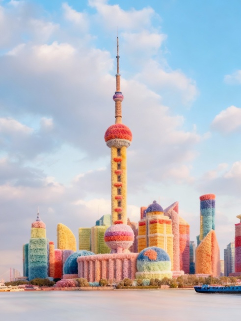 建筑整体呈现出全毛绒质感的风格，毛绒有层次感，毛绒颜色为彩虹色调。建筑保留原始形状，各个部分都如同被几种颜色柔软的毛绒材质精心包裹预览效果