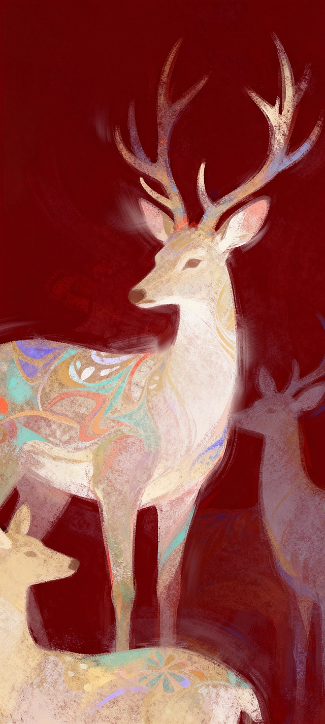 梦幻感与朦胧感交织的插画风鹿群，厚涂技法融合水彩晕染，双重曝光营造唯美感，文艺优雅中透出节日静谧氛围。
