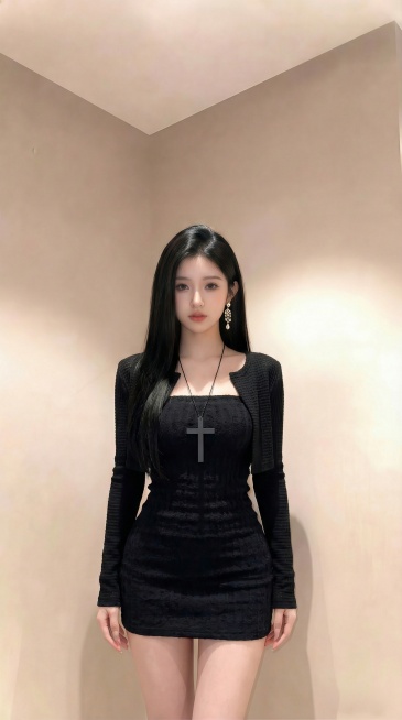 将图一图二的黑色针织抹胸短裙+短款开衫穿搭换到图三人物身上，调整为模特身材，真实自然，更换为精致贵气的耳饰，保留图三人物的头部和背景，生成9:16比例的半身图预览效果