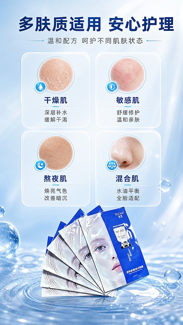[商品] 使用【图1】皙赞XIZAN透明质酸钠冷肤膜；保留包装原貌，产品小尺寸置于底部中央作为品牌露出；不改变产品外观和文字。
[画面] 目标：肤质适配页，匹配多种肤质人群困扰，扩大适用范围。构图：上方为大标题，中部为4格肤质卡片网格（2x2排列），每格为圆形肤质示意+肤质名称+适用理由；底部中央放置面膜产品图；背景为浅蓝渐变水光氛围，卡片为半透明白色圆角设计。阅读动线：从上至下，先看标题再逐格阅读肤质卡片。
[视觉] 套系策略：风格=高级水光感蓝白科技美妆商业摄影；标题字=现代无衬线粗体，字重饱满；正文字=简洁无衬线体，清晰易读；主色=深海蓝+冰透白；背景延展=基于蓝白做深浅渐变、水光质感、透明水滴和波纹层次；强调色=冰蓝色高光，仅用于小面积图标、引线、标签和水光点缀；标题色=深海蓝/白色；正文色=深灰蓝/中灰蓝；组件=圆角半透明信息卡、细线引线、圆形icon；光影=左前侧柔光+右侧水光轮廓光，整体清透冷调。
[文字] 主标题"多肤质适用 安心护理"，副标题"温和配方 呵护不同肌肤状态"；4个肤质卡片："干燥肌 深层补水 缓解干渴"、"敏感肌 舒缓修护 温和亲肤"、"熬夜肌 焕亮气色 改善暗沉"、"混合肌 水油平衡 全脸适配"；文字横向排版于卡片内，字号保证手机端清晰可读。
[规格] 图片比例9:16竖版，4K，负向提示：避免变形、错字、文字过小、卡片拥挤、暖色调、医疗功效承诺、极限词。