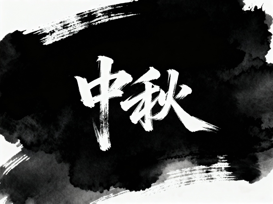 中秋主题书法字体，黑色背景，写意风格，字体苍劲有力，笔触流畅自然，带有水墨晕染效果，整体画面简洁大气，突出书法艺术感预览效果