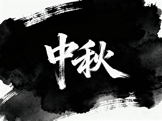 中秋主题书法字体，黑色背景，写意风格，字体苍劲有力，笔触流畅自然，带有水墨晕染效果，整体画面简洁大气，突出书法艺术感