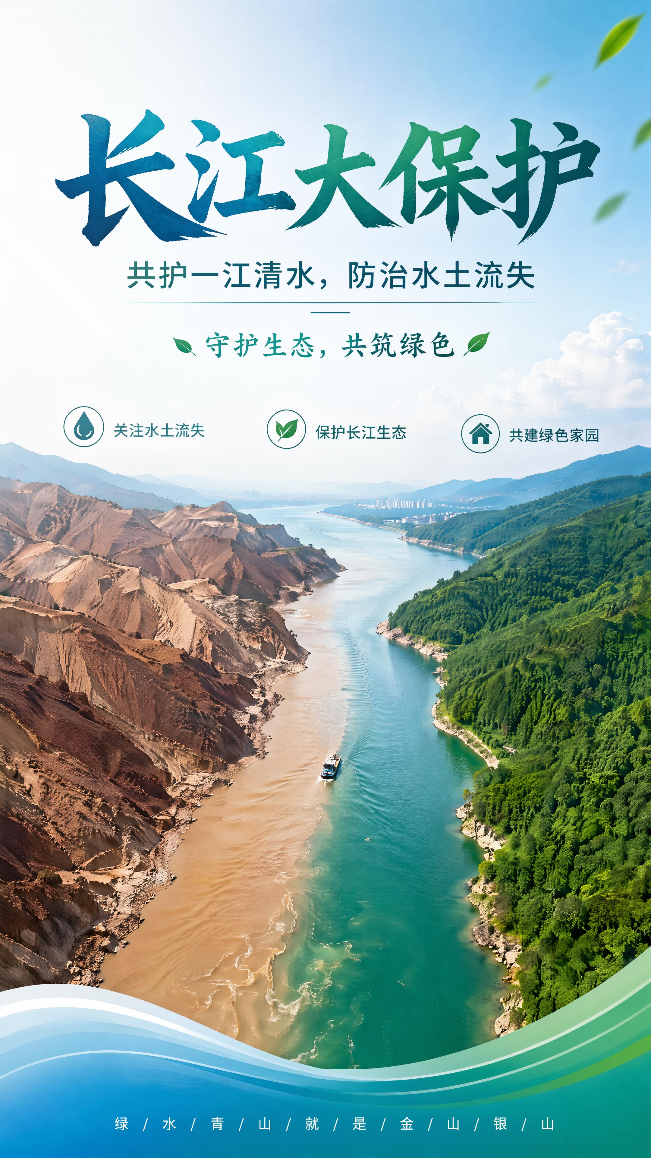 写实环保公益宣传风格的长江大保护主题海报，宣传长江流域水土流失… - 图片创意预览