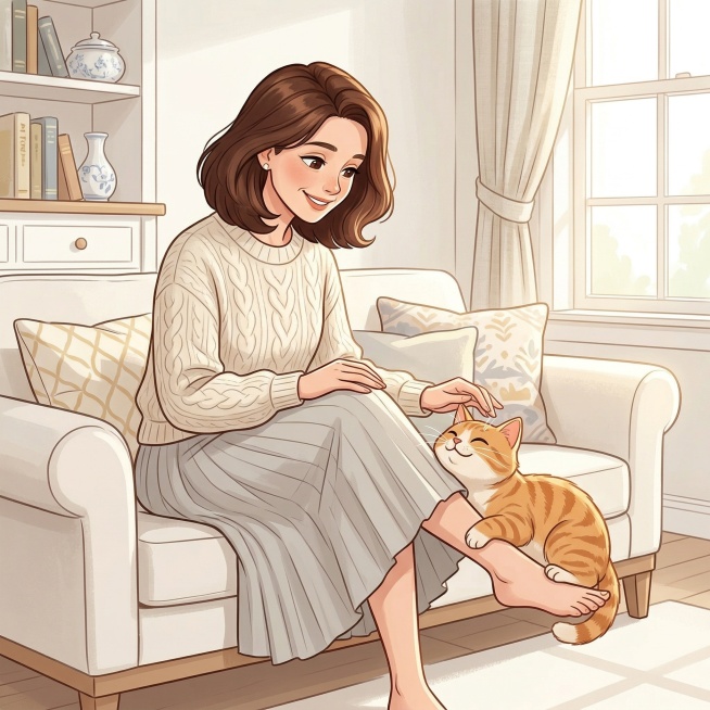 猫咪把女主人的腿当成滑滑梯，猫咪头枕在女主人的脚面上，看着女主人在笑。整体色调偏白，女主人是温婉儒雅的成熟形象，留着披肩发型，卡通插画风格，光线明亮，气氛温馨治愈预览效果