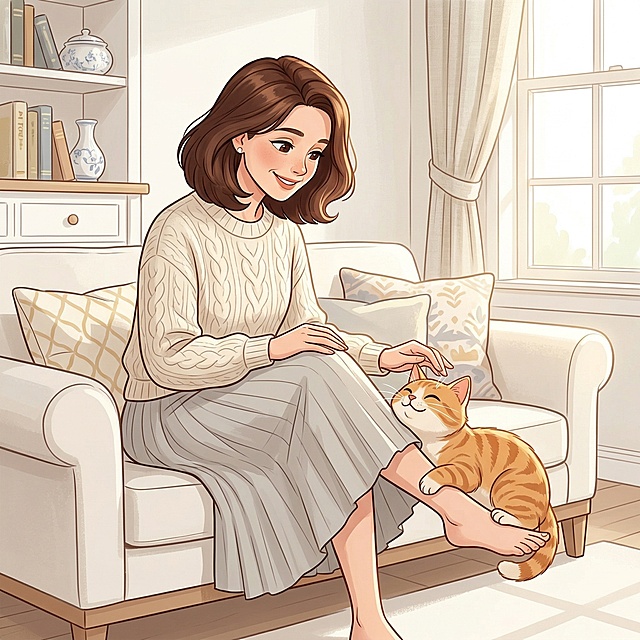 插画风温馨场景，拟人化猫咪依偎主人脚边，水彩质感柔和温暖，展现居家舒适感与情感联结。