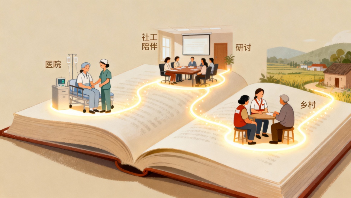 三条发光路径从一本打开的《社会工作导论》延伸而出：左侧通向医院走廊（白衣社工与患者握手）、中间通向市政厅会议桌（青年在政策研讨会上发言）、右侧通向云南梯田村落（社工与村民围坐讨论）。背景为柔和米色，象预览效果