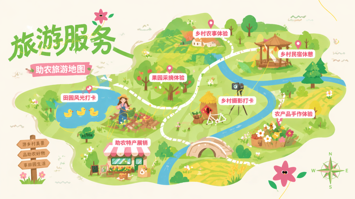 保留原图扁平清新趣味地图的布局和风格，将主题改为旅游服务，背景调整为符合助农主题，融入农田、果园、农产品等乡村助农元素，替换点位为助农旅游相关打卡点，保持整体清新可爱风格预览效果
