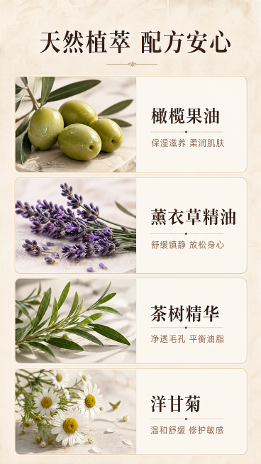 [第3屏] 草本成分解析专屏-天然植萃成分展示。
[氛围/风格] 天然科研感，柔和高级，低饱和大地色系，干净真实的植物原料质感。
[元素布局] 顶部大标题，中间区域采用双行网格布局，每个网格左侧放原料预览效果
