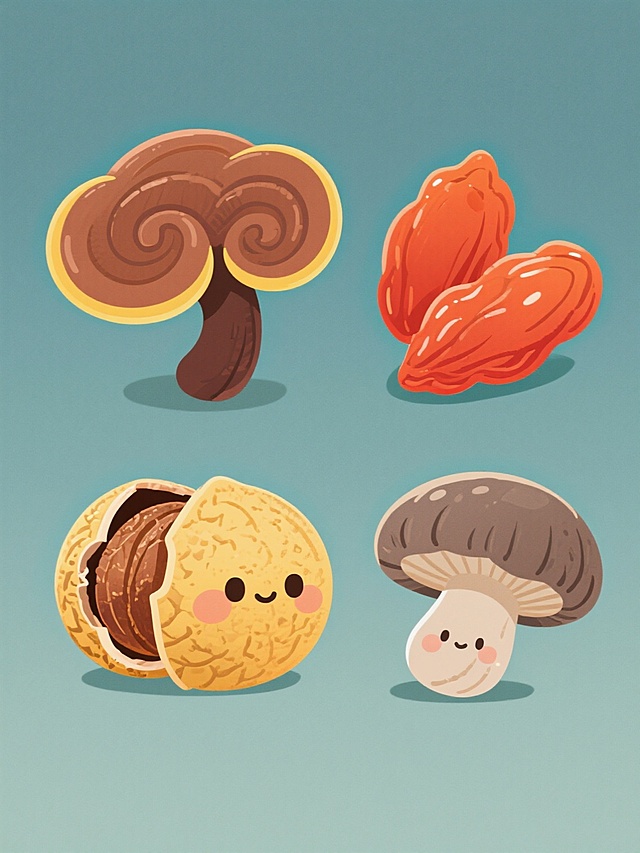 一组四个中国传统滋补食材的卡通手绘插画系列，保持可爱Q萌的风格，线条圆润流畅，色彩鲜亮明快，光影表现柔和，边缘有轻微模糊处理。第一个食材为棕色灵芝，菌盖呈螺旋状层层叠叠，边缘有黄色晕边，菌柄深褐色，置于纯色背景上；第二个食材为橙红色枸杞，颗粒饱满圆润，带有高光质感，置于另一不同色调的纯色背景上；第三个食材为黄色干桂圆，外壳有细微纹理，部分剥开露出棕褐色果肉，置于再一不同色调的纯色背景上；第四个食材为灰褐色香菇，菌盖厚实有自然褶皱，菌褶清晰可见，菌柄短粗，置于最后一个不同色调的纯色背景上。四个食材插画整体色彩变换为不同色调但保持和谐统一，规整排布成系列素材集合，细节丰富，整体风格统一。