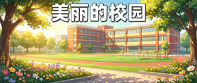 清新明亮阳光感，学校全景，包含花坛、大树、操场和教学楼，画面上方有文字"美丽的校园"，风格参考附件图片的卡通插画风格