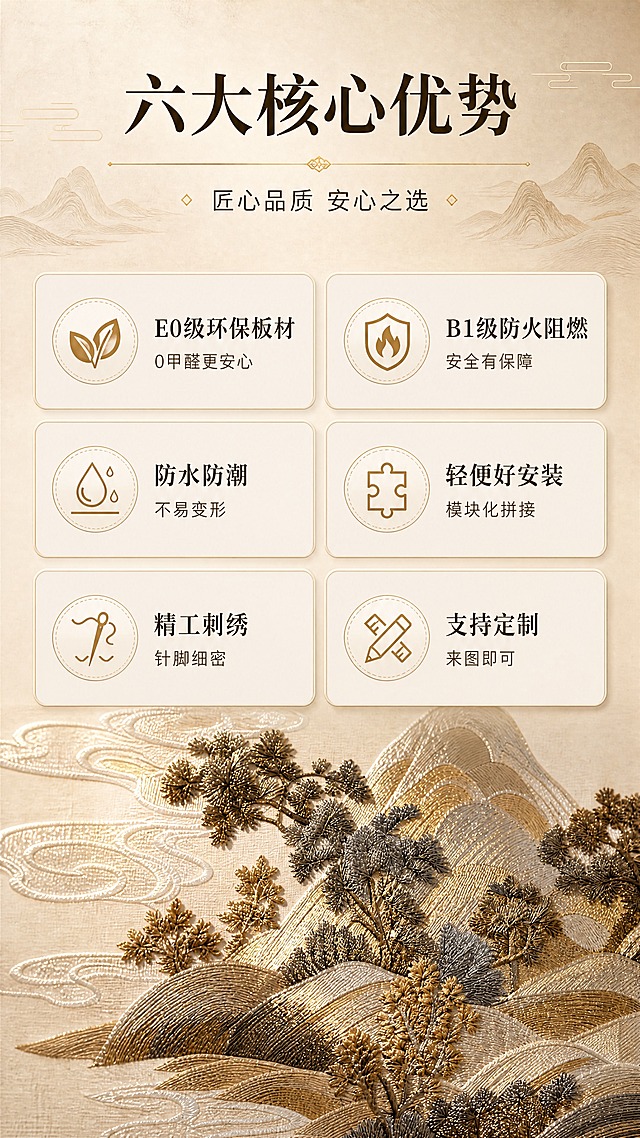 [商品] 使用【图1】下半部分锦云江山刺绣细节特写；保留山水祥云刺绣图案、针脚纹理、丝线光泽、金棕灰配色；商品处理：增强丝线立体感与光泽质感，清晰展现针脚细密程度，不改变图案与配色。
[画面] 目标：核心卖点总览页，6大核心卖点快速传递产品价值。构图：竖版9:16，顶部1/5为标题区，中部1/2为6个icon卖点卡（2列×3行排列），底部3/10为大幅刺绣细节特写作为质感背书；主体刺绣细节占画面约35%位于底部；阅读动线从上到下，前景卖点卡片、中景标题、后景刺绣纹理背景；场景为产品卖点展示页，非实景。
[视觉] 套系策略：风格=新中式高端雅致商业空间摄影；标题字=宋体衬线粗体（东方韵味）；正文字=简洁无衬线体；主色=米杏暖棕；背景延展=基于米杏暖棕做深浅层级、同色渐变和细腻宣纸/织物质感；强调色=暖金色，仅用于小面积图标、引线、标签和装饰线条；标题色=深棕黑；正文色=暖灰棕；组件=圆角浅底信息卡、细金线引线、山水纹装饰元素；光影=均匀柔光，卡片有轻微投影，刺绣细节有侧光突出纹理。
[文字] 顶部主标题「六大核心优势」，副标题「匠心品质 安心之选」；6个卖点卡分别为：①E0级环保板材 0甲醛更安心 ②B1级防火阻燃 安全有保障 ③防水防潮 不易变形 ④轻便好安装 模块化拼接 ⑤精工刺绣 针脚细密 ⑥支持定制 来图即可；文字均为横排，卡片内标题+短说明两层层级。
[规格] 图片比例9:16竖版，4K分辨率，负向提示：避免变形、错字、文字过小、冷蓝灰主调、刺绣图案失真、竖排文字、出现平台logo水印二维码。