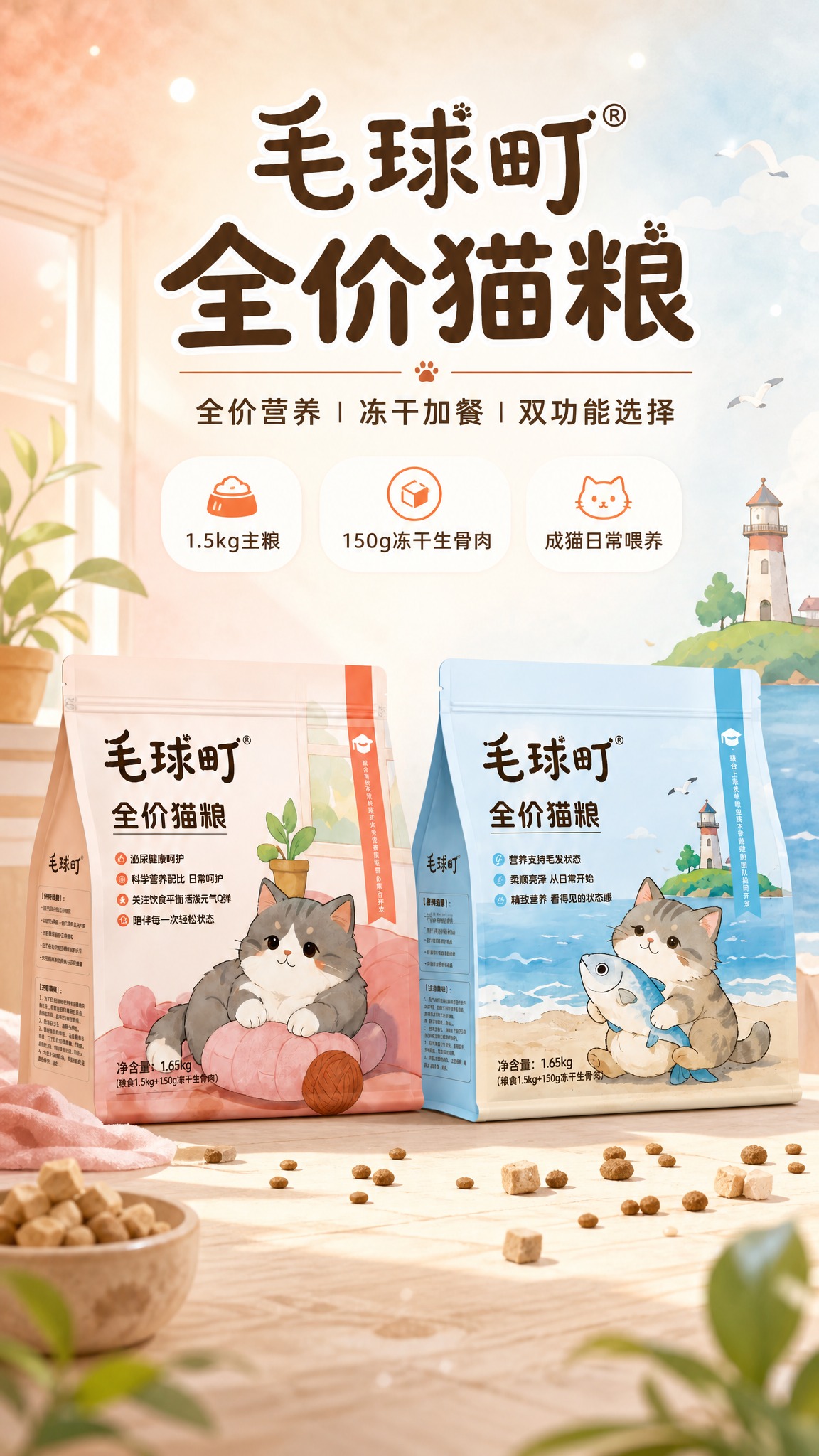 [商品] 使用【图1】泌尿健康款猫粮包装（暖橘粉色调，手绘灰猫… - 图片创意预览