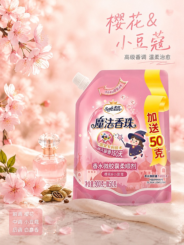 [主图-3] 樱花小豆蔻香调质感展示图
[氛围风格] 浪漫花香氛围 高级香氛感 粉白绿色系 清新自然
[画质] 商业摄影质感 光线柔美 细节丰富 画面通透高级
[元素] 柔欣魔法香珠柔顺剂产品居中偏右 正面展示 占画面约50% 保持产品外观与输入图完全一致 左侧为真实的樱花枝和小豆蔻香料摆放在浅米色大理石台面上 樱花花瓣轻轻飘落 空气中有淡淡的粉色花瓣飞舞 旁边放置一个透明玻璃香水瓶 瓶中装有粉色液体 背景为柔和的粉色渐变 带有朦胧的花园光斑效果 底部有一层薄薄的白色丝绸布料 质感柔软
[光影] 左侧柔和自然光 主光从左上方来 产品受光均匀 樱花花瓣有透光感 玻璃香水瓶有高光反射 整体光线柔美梦幻 阴影柔和
[配色] 主色调樱花粉 奶白色 辅助色嫩绿色 暖金色
[视角构图] 平视略微俯视 产品与香氛元素形成自然静物陈列 景深较浅 背景虚化突出主体和前景花瓣
[文字版式] 右上负空间右对齐 主标题"樱花&小豆蔻" 粉色手写体大号字 副标题"高级香调 温柔治愈" 深灰色小号无衬线字 左下角小标签"前调 樱花 中调 小豆蔻 后调 白麝香" 三行小字 白字配浅粉圆角底
[输出要求] 3:4比例 文字清晰可辨 超高清商业摄影质感
[负向提示词] 变形 文字错乱 产品模糊 背景杂乱 水印 电商平台Logo 多余的手 畸形手