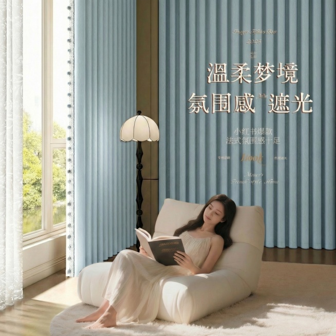 把窗帘的颜色变成淡蓝色，其余保持不变，毛球的颜色也不要改变预览效果